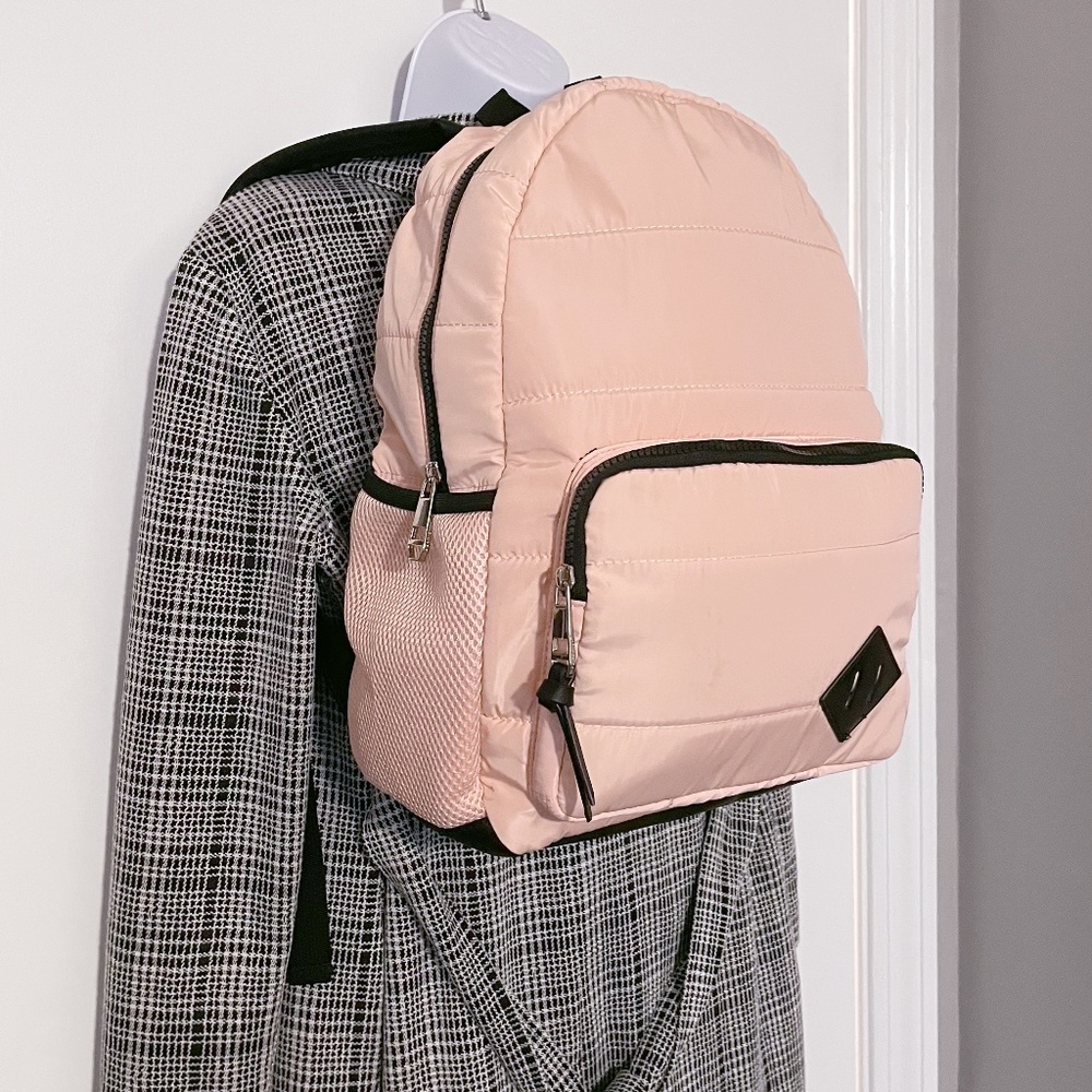 Madden Girl Quilted Blush Zippered Backpack with Black Adjustable Straps